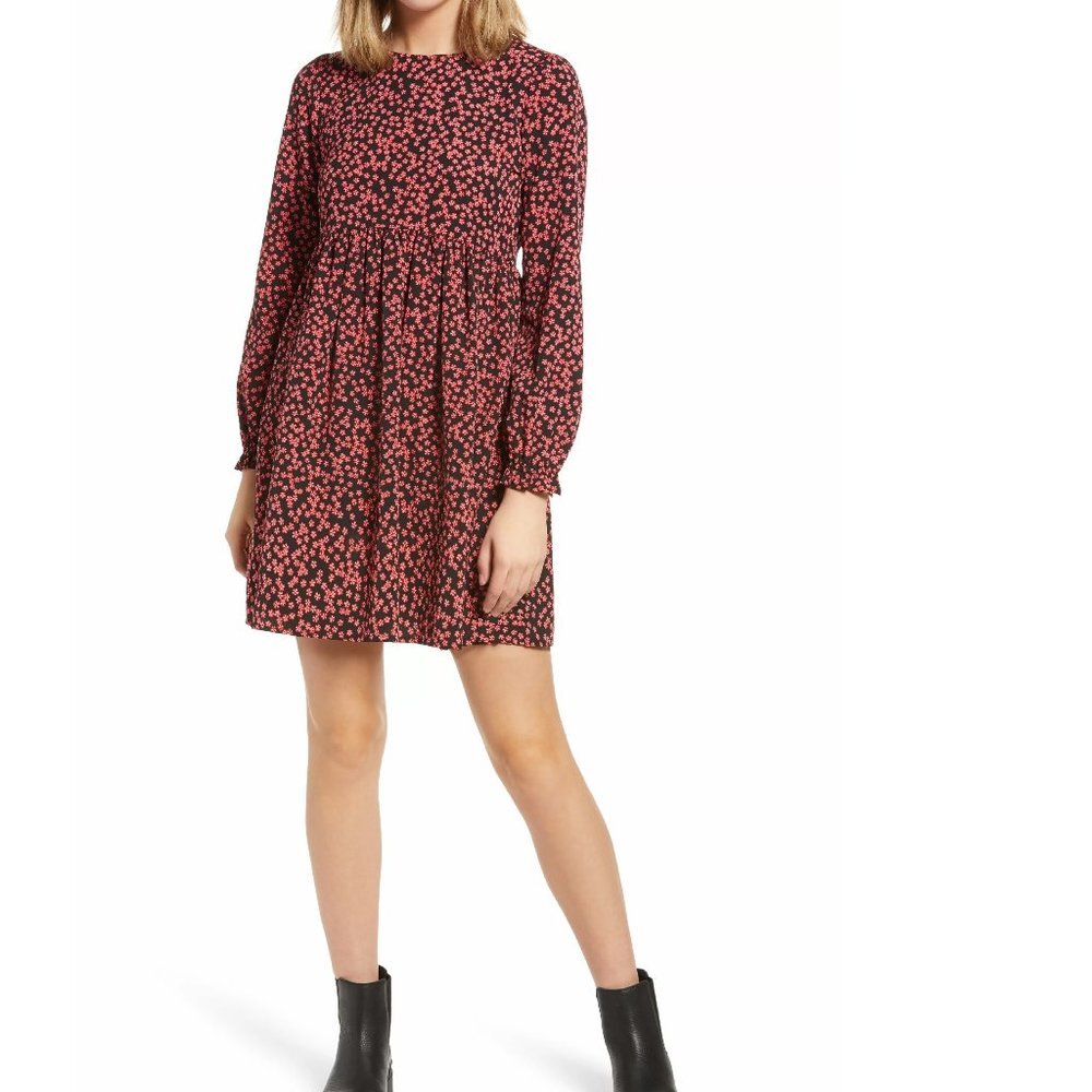 BP. Print Shirred Long Sleeve Dress